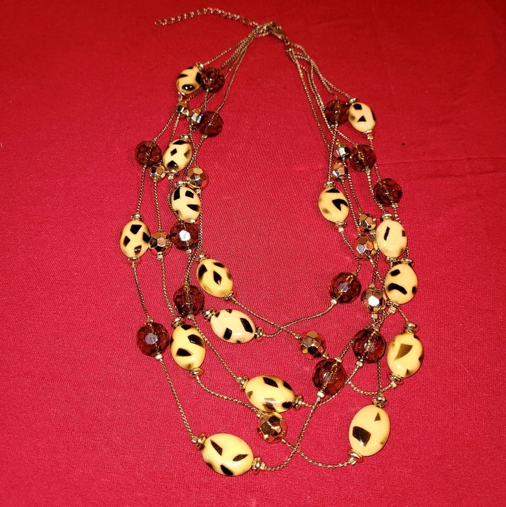 VTG Leopard Tiger or Tortoise Print Beaded & Amber Glass Multi-strand Necklace